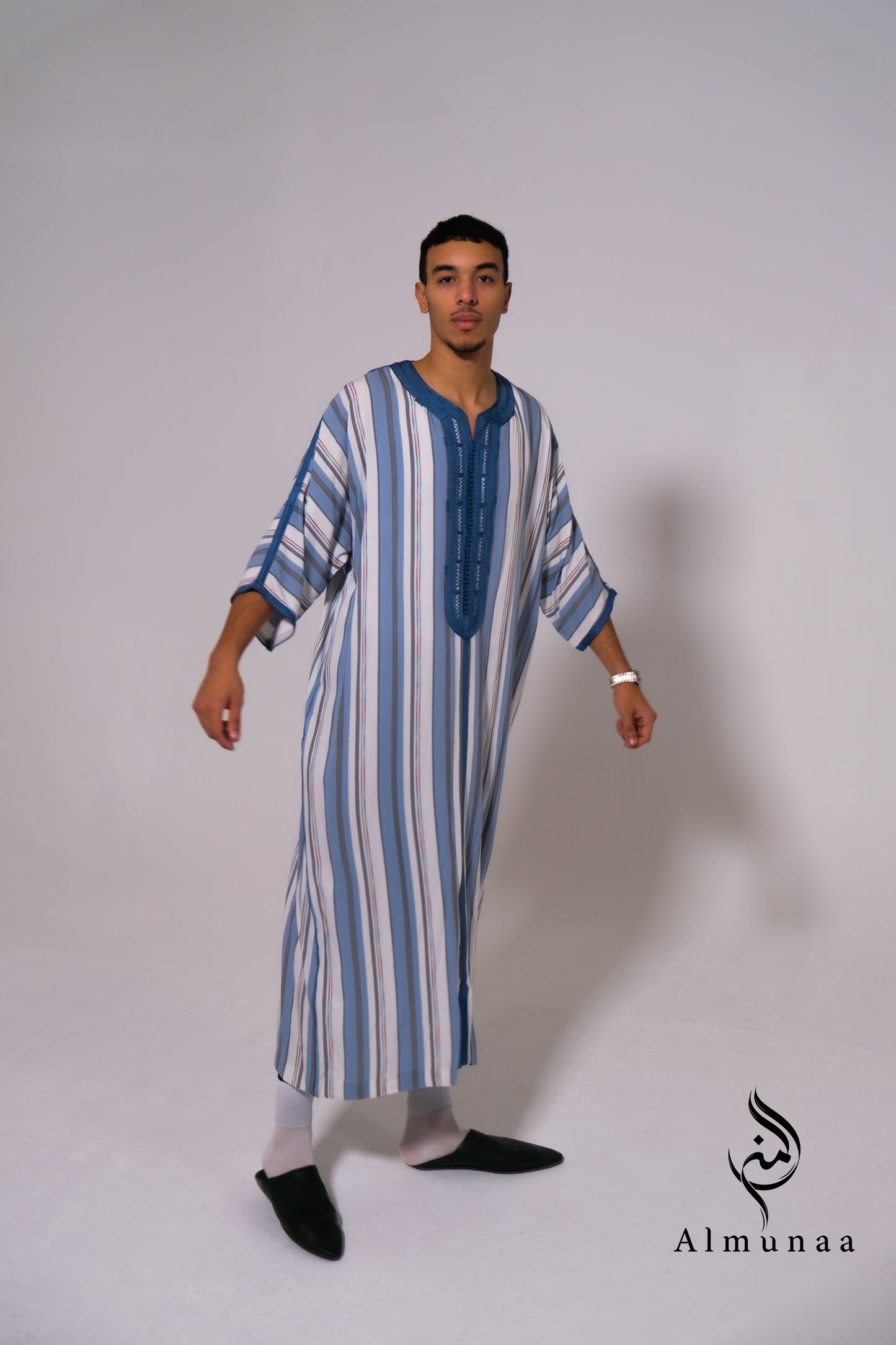 MENS Moroccan Cotton Summer Wedding KAFTAN DRESS – Minimalist Blue Stripes Kaftan Dress Available In Multiple Sizes