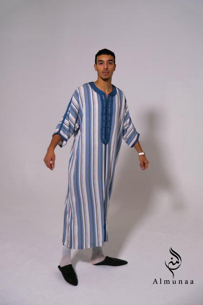 MENS Moroccan Cotton Summer Wedding KAFTAN DRESS – Minimalist Blue Stripes Kaftan Dress Available In Multiple Sizes