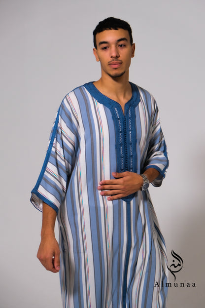 MENS Moroccan Cotton Summer Wedding KAFTAN DRESS – Minimalist Blue Stripes Kaftan Dress Available In Multiple Sizes