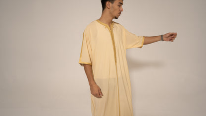 Traditional Moroccan Men’s Gandoura - Yellow Checkered Thobe with Golden Embroidery