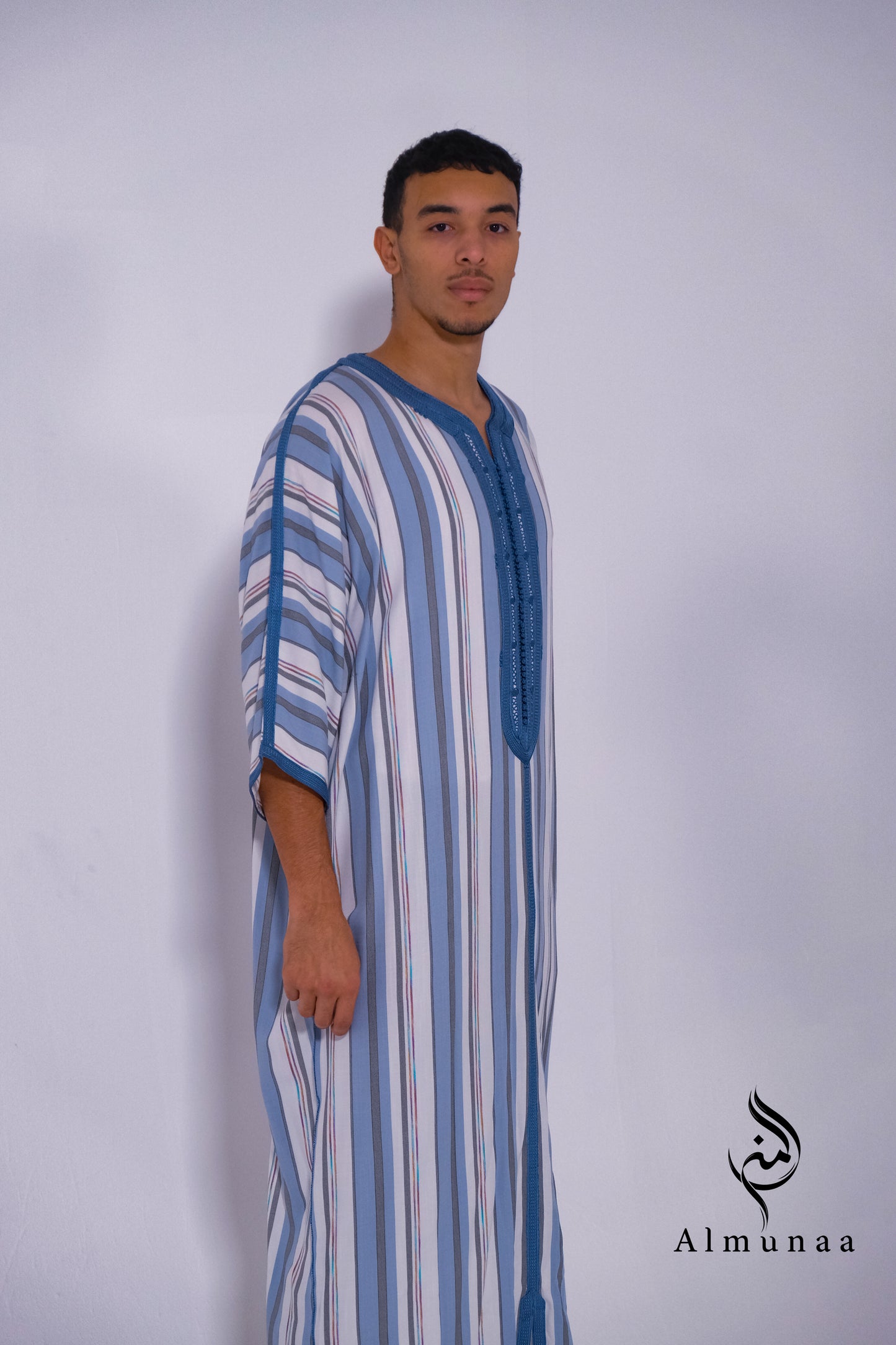 MENS Moroccan Cotton Summer Wedding KAFTAN DRESS – Minimalist Blue Stripes Kaftan Dress Available In Multiple Sizes