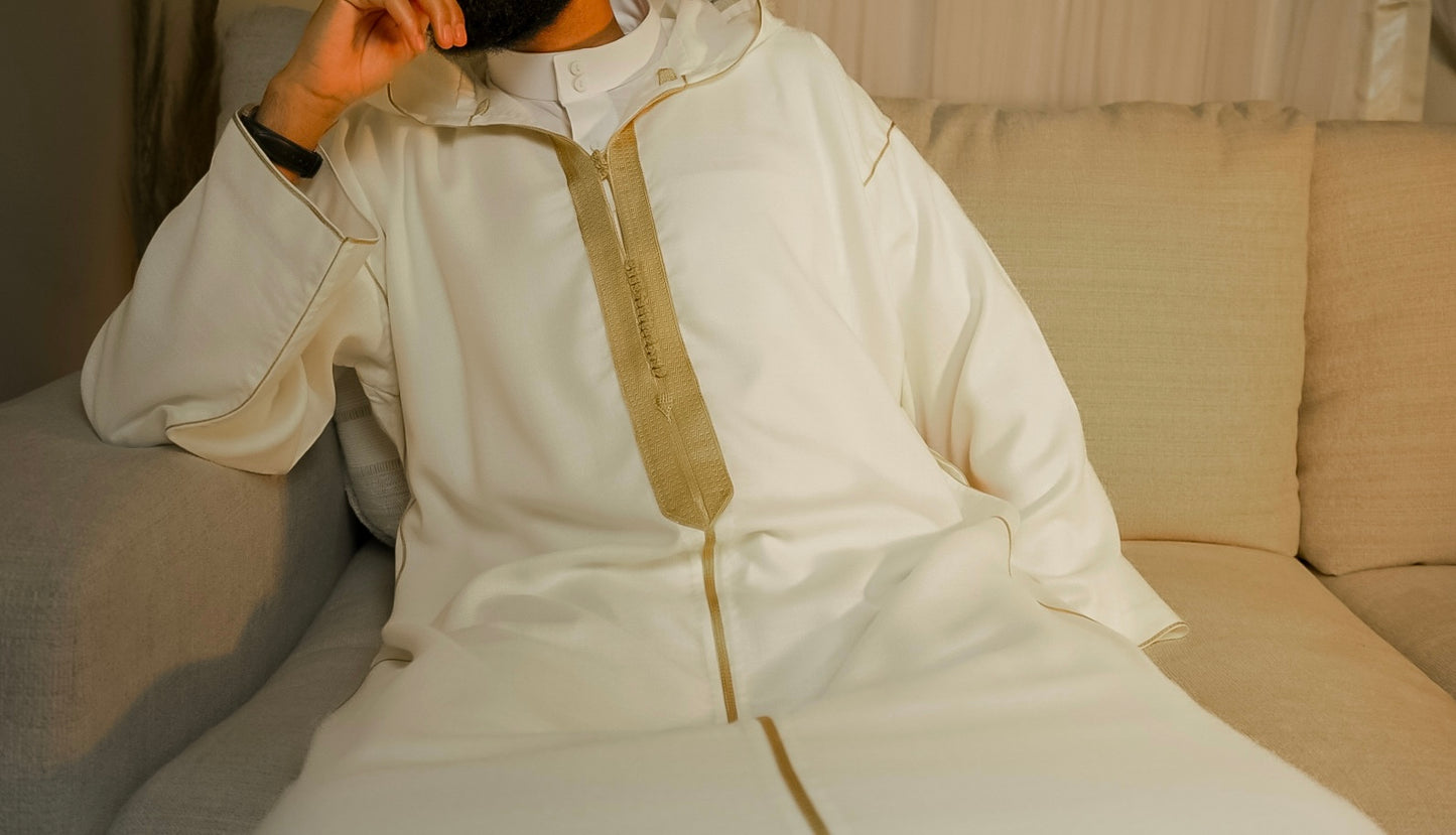 MENS White and Gold Moroccan Luxury Custom Djellaba, available in different sizes