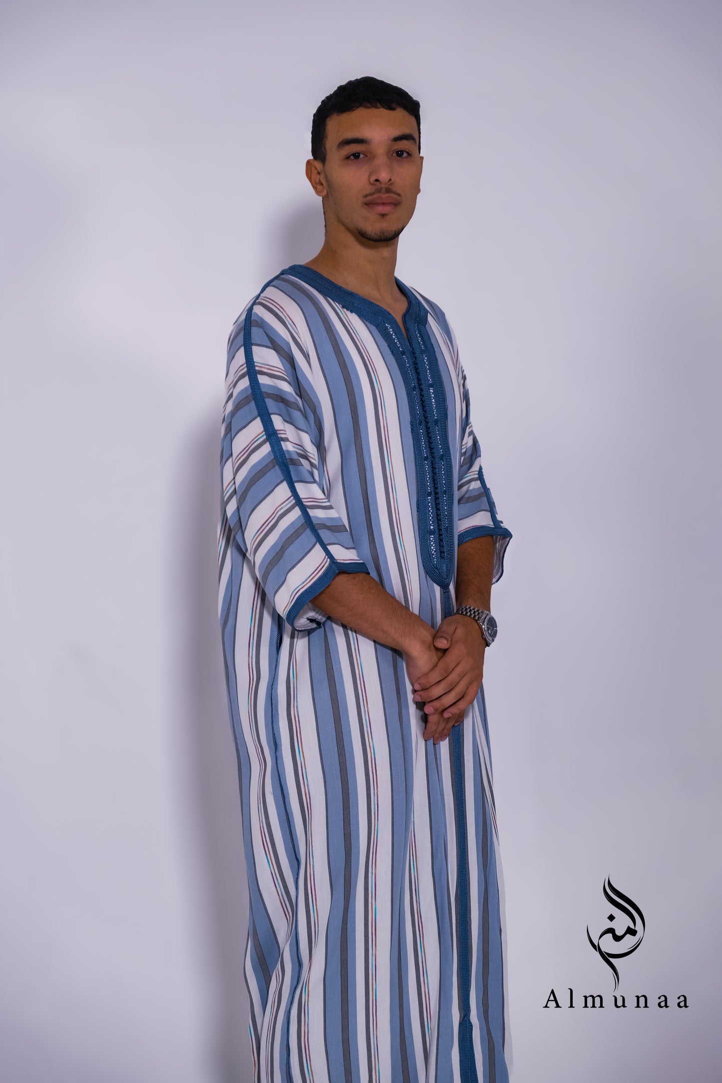 MENS Moroccan Cotton Summer Wedding KAFTAN DRESS – Minimalist Blue Stripes Kaftan Dress Available In Multiple Sizes