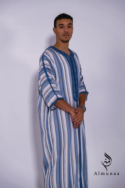 MENS Moroccan Cotton Summer Wedding KAFTAN DRESS – Minimalist Blue Stripes Kaftan Dress Available In Multiple Sizes