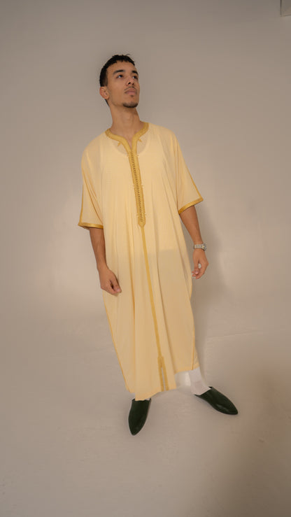 Traditional Moroccan Men’s Gandoura - Yellow Checkered Thobe with Golden Embroidery