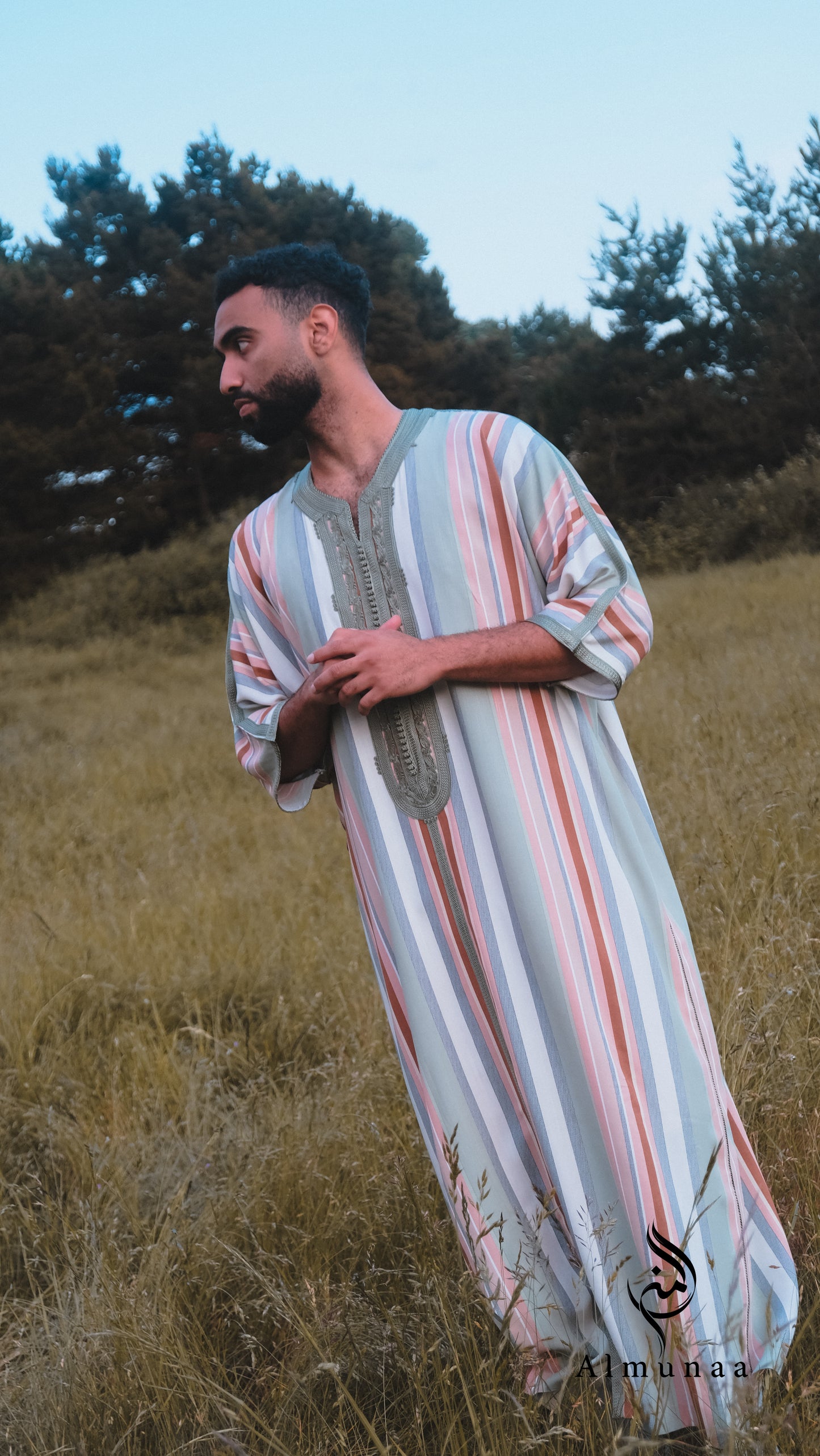 MENS Moroccan Cotton Summer Wedding KAFTAN DRESS – Minimalist Blue Stripes Kaftan Dress Available In Multiple Sizes