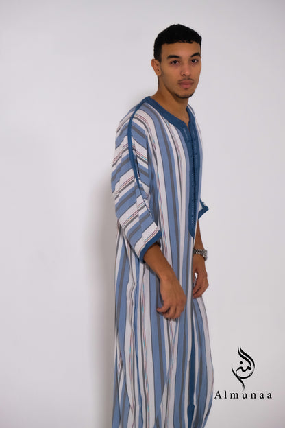 MENS Moroccan Cotton Summer Wedding KAFTAN DRESS – Minimalist Blue Stripes Kaftan Dress Available In Multiple Sizes