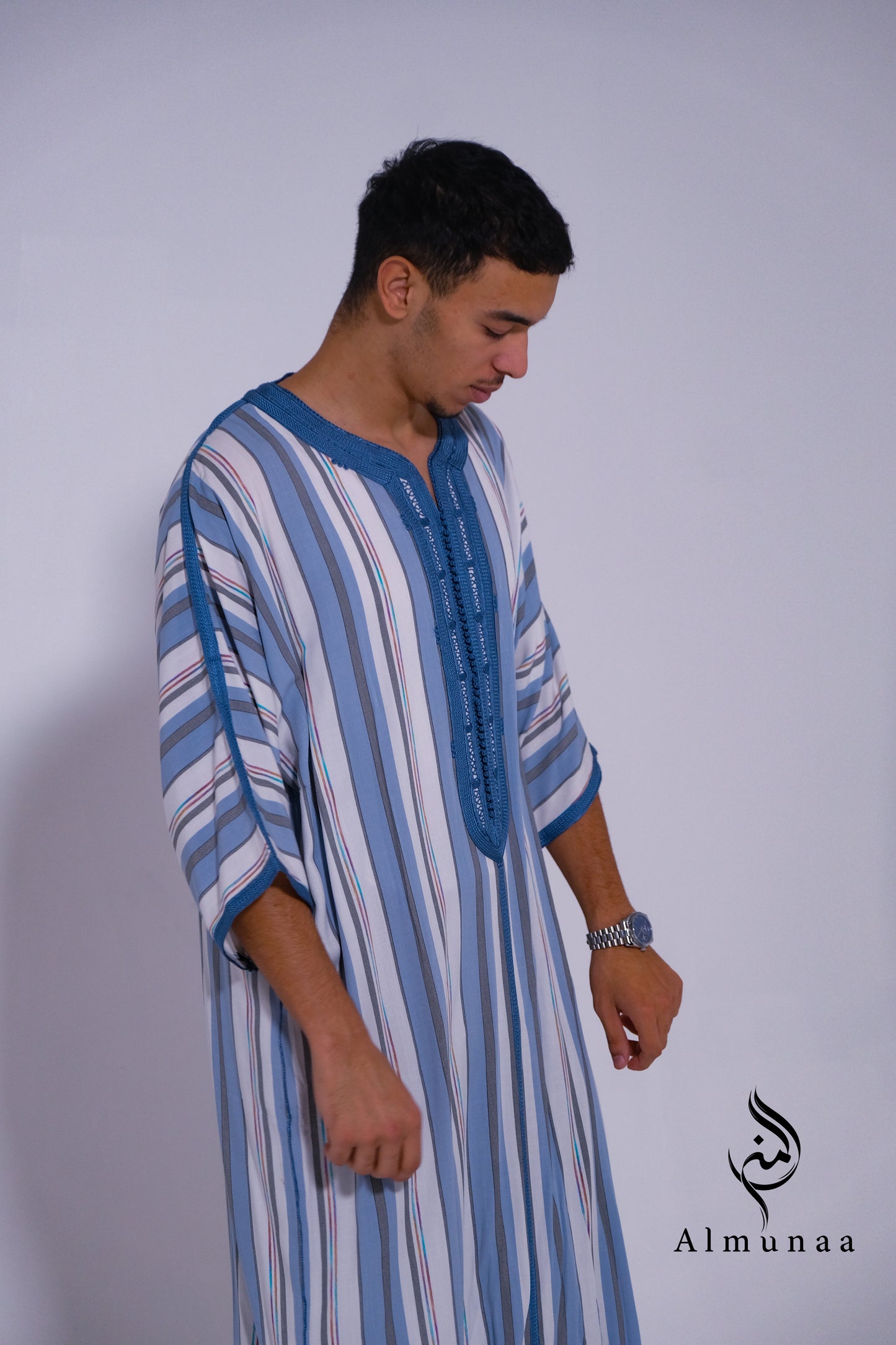MENS Moroccan Cotton Summer Wedding KAFTAN DRESS – Minimalist Blue Stripes Kaftan Dress Available In Multiple Sizes