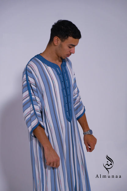 MENS Moroccan Cotton Summer Wedding KAFTAN DRESS – Minimalist Blue Stripes Kaftan Dress Available In Multiple Sizes