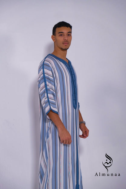 MENS Moroccan Cotton Summer Wedding KAFTAN DRESS – Minimalist Blue Stripes Kaftan Dress Available In Multiple Sizes
