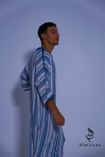 MENS Moroccan Cotton Summer Wedding KAFTAN DRESS – Minimalist Blue Stripes Kaftan Dress Available In Multiple Sizes