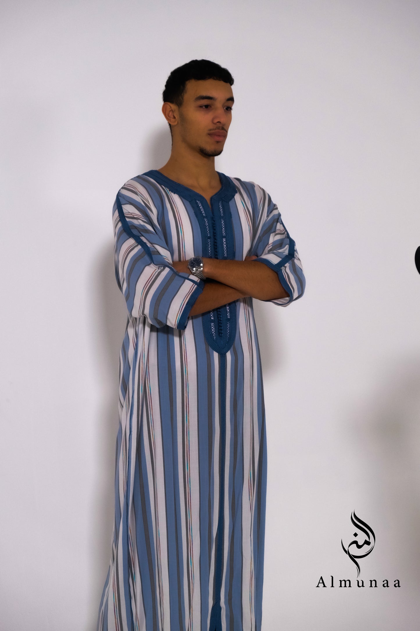 MENS Moroccan Cotton Summer Wedding KAFTAN DRESS – Minimalist Blue Stripes Kaftan Dress Available In Multiple Sizes