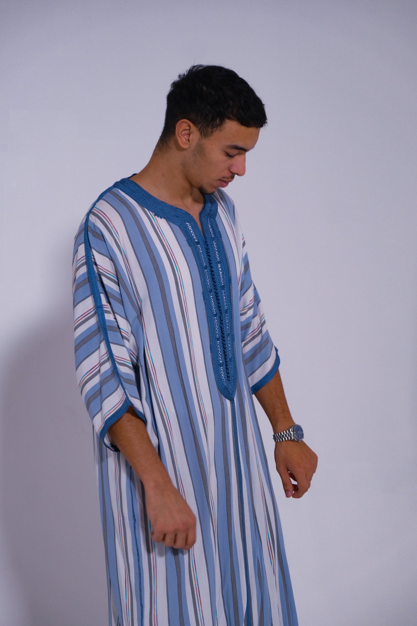 MENS Moroccan Cotton Summer Wedding KAFTAN DRESS – Minimalist Blue Stripes Kaftan Dress Available In Multiple Sizes