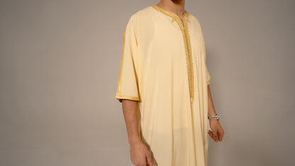 Traditional Moroccan Men’s Gandoura - Yellow Checkered Thobe with Golden Embroidery