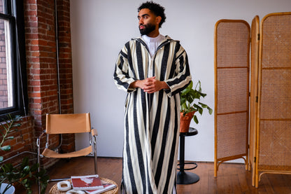 Mens WINTER DJELLABA STRIPPED Dress with Hood, Jabador Long Sleeve Hooded Caftan Custom Djellaba all Sizes