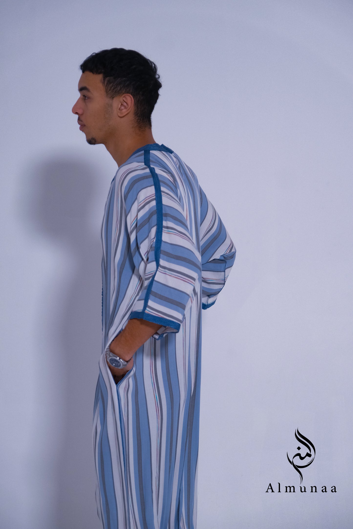 MENS Moroccan Cotton Summer Wedding KAFTAN DRESS – Minimalist Blue Stripes Kaftan Dress Available In Multiple Sizes