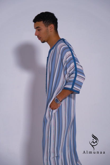MENS Moroccan Cotton Summer Wedding KAFTAN DRESS – Minimalist Blue Stripes Kaftan Dress Available In Multiple Sizes