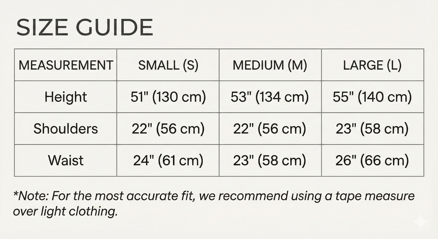 Size guide chart for clothing measurements with height, shoulders, and waist dimensions.