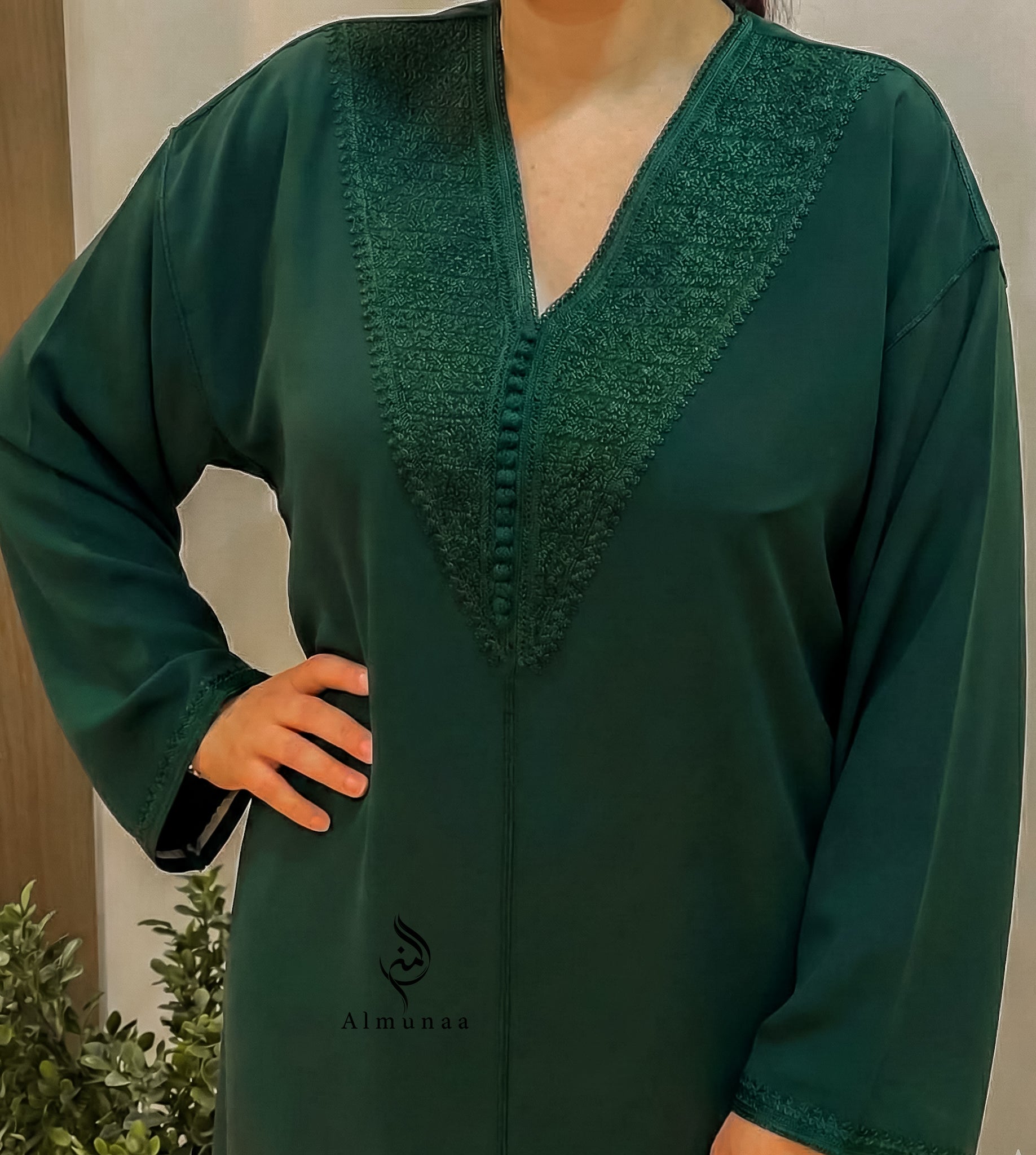 Green dress with intricate detailing on a plain background