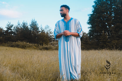 MENS Moroccan Cotton Summer Wedding KAFTAN DRESS – Minimalist Blue Stripes Kaftan Dress Available In Multiple Sizes