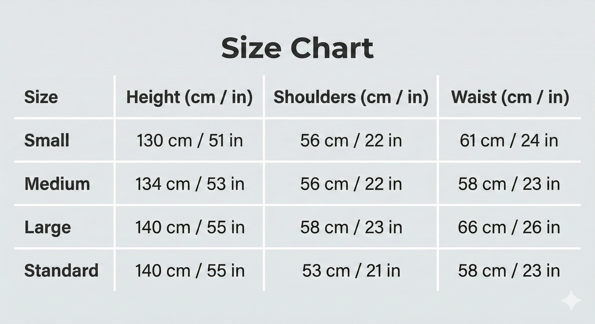 Size chart for clothing with height, shoulders, and waist measurements in centimeters and inches.