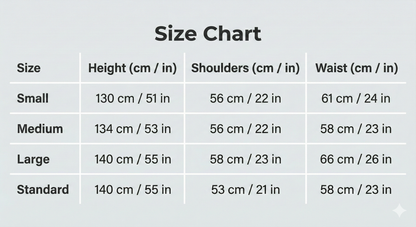 Size chart for clothing with height, shoulders, and waist measurements in centimeters and inches.
